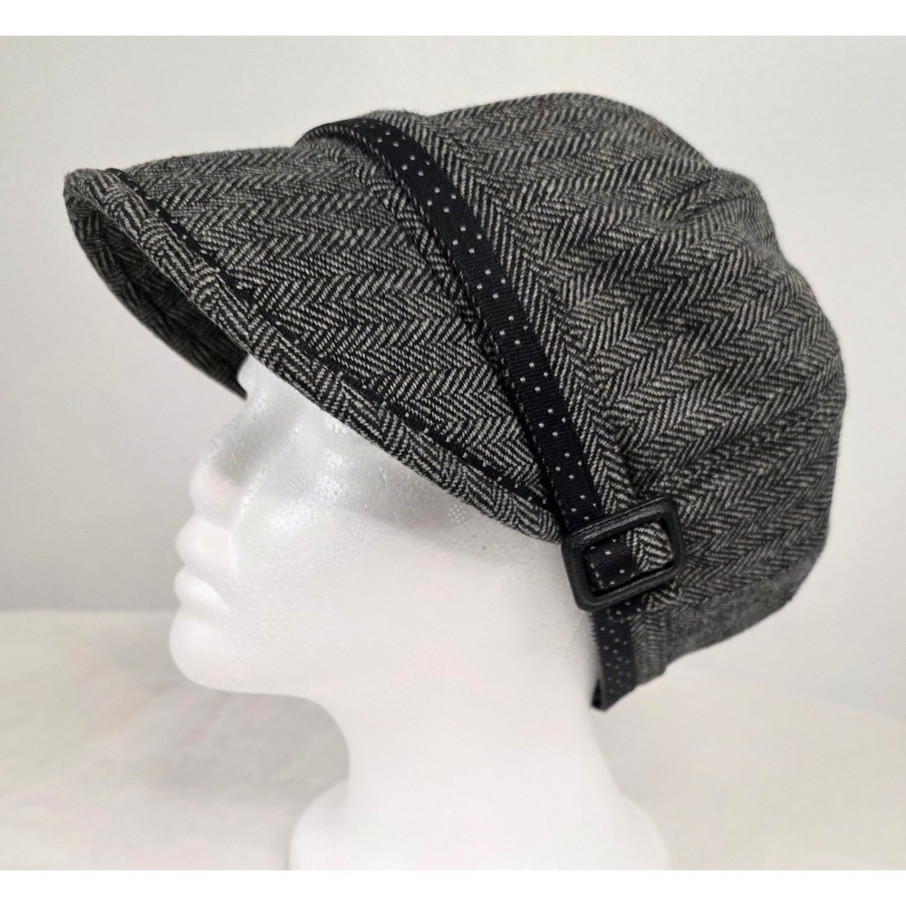 Grey Herringbone Newsboy Cap Wool Blend Polka Dot Band Buckle Detail Hat 57cm